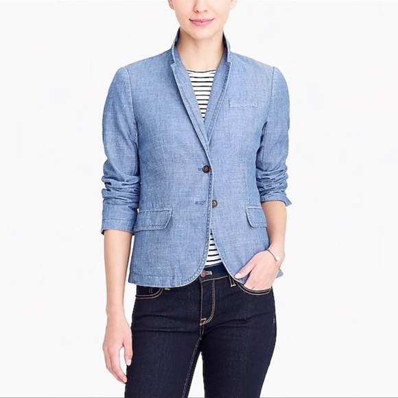 J.Crew Denim Blazer womens 6 polka dot lining two button closure cotton summer